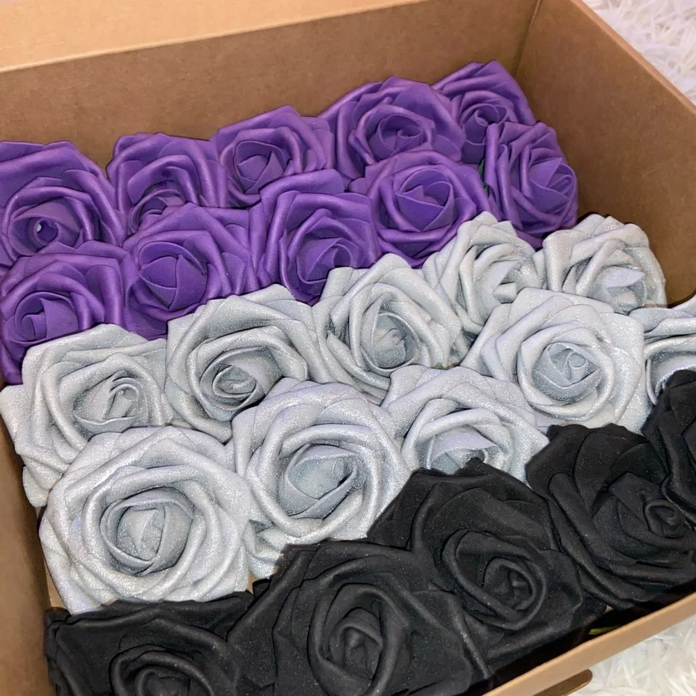 25 Count | Purple Silver Black White Roses Wedding Bouquet Centerpiece Decor New